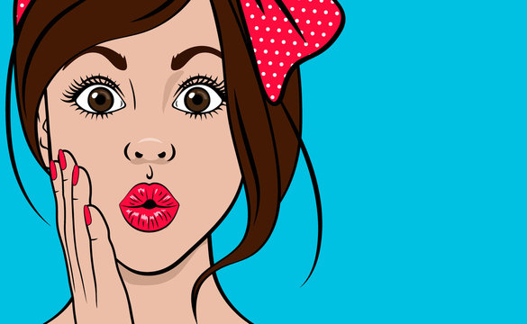 Emotional face of a beautiful girl close-up. Vector illustration in pin up style