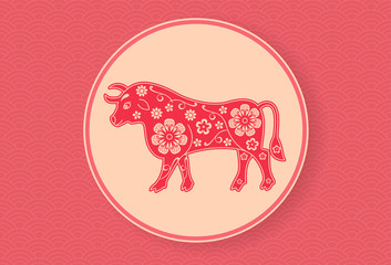 Chinese Ox. Lunar New Year banner design template. Red wavy pattern. Zodiac sign. Abstract flower texture. Bull silhouette. Horoscope symbol 2021. Coral color background