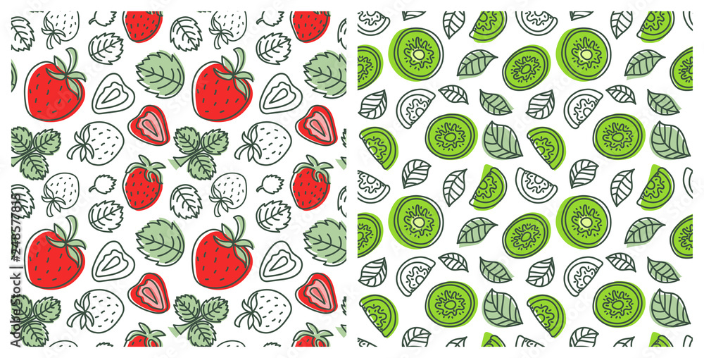 Wall mural Seamless pattern set. Juicy fruit and berry collection. Strawberry, kiwi. Hand drawn color vector sketch background. Colorful doodle wallpaper. Summer print