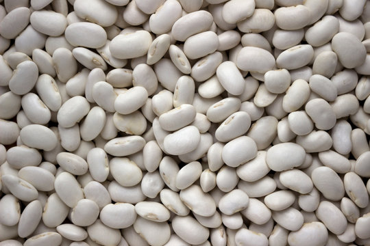 Lots of white large beans, top view, background. Legumes.