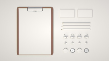 Clipboard, business cards, binder clips, badges and pencils