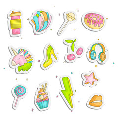 Cute funny Girl teenager colored stickers set, fashion cute teen and princess icons. Magic fun cute girls objects - donut, cupcake, high heel shoe, cherry, star and other draw icon patch collection.