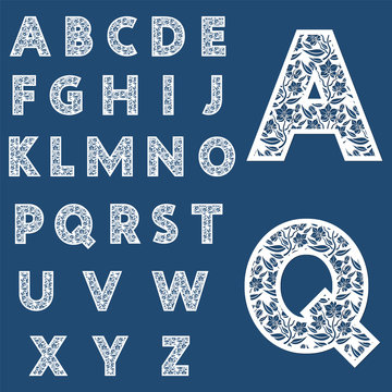 Templates for cutting out letters. Full English alphabet.  May be used for laser cutting. Fancy lace letters. Flower ornament.
