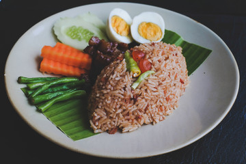 Delicious Thailand traditional food : fried rice with chili dip, pork with egg and vegetable