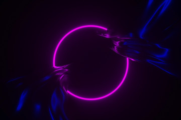 Neon glow in the dark frame and flowing shiny fabric 3D illustration