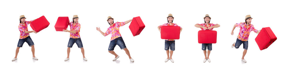 Tourist with suitcase isolated on white