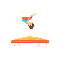 Teenage girl jumping on trampoline, practicing to do somersault. Children activity. Fun leisure. Flat vector design