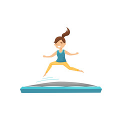 Cartoon brunette girl jumping on trampoline. Children leisure. Active recreation. Flat vector design
