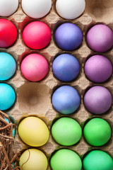 Colorful Easter painted eggs background.. Top view.