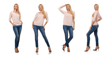 Fototapeta premium Pretty woman in blue jeans isolated on white