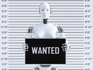 3D rendering of female robot in a mugshot.