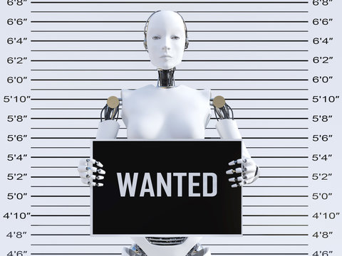 3D rendering of female robot in a mugshot.