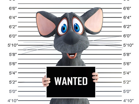 3D rendering of a smiling cartoon mouse in a mugshot.