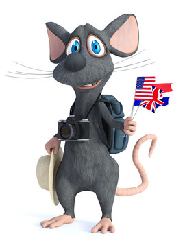 3D rendering of a cartoon mouse tourist backpacking.