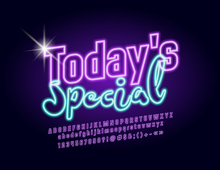 Vector Marketing glowing label Today's Special with stylish Font. Violet neon Alphabet Letter, Numbers and Symbols