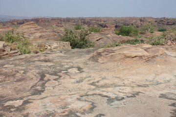 Fort atop rocky mountain and cave temples at Badami, Karnataka, India, Asia