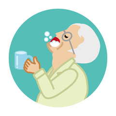 Senior man gargling with water for prevent cold - Circular icon
