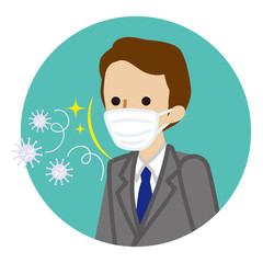 Businessman wearing a mask for prevent flu virus - Circular icon