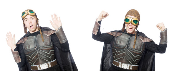Young funny man in armour suit