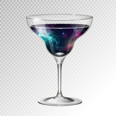 Realistic vector illustration of cocktail margarita glass with space background inside