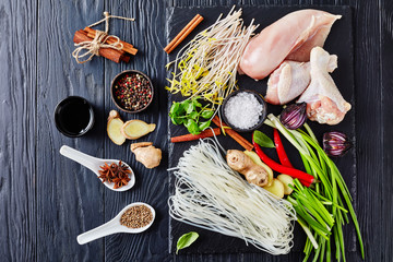 raw ingredients for asian chicken soup, close-up