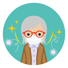 Senior woman wearing a mask for prevent flu virus - front view, Circular icon