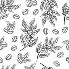 Seamless pattern with coffee tree branches with leaves and beans. Coffee grains in graphic style hand drawn. Vector illustration.