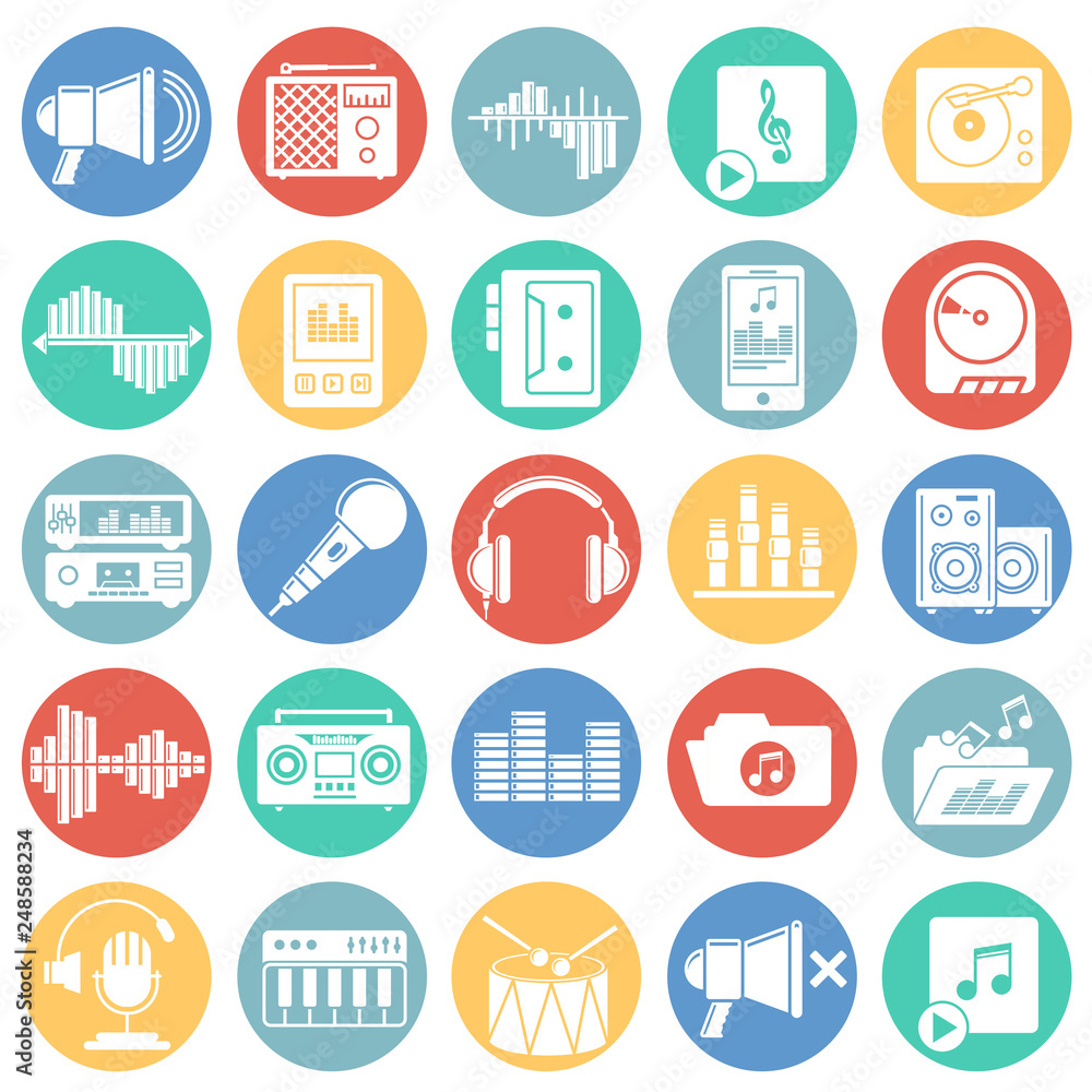 Poster music and sound icons set on colro circles white background for graphic and web design, modern simpl