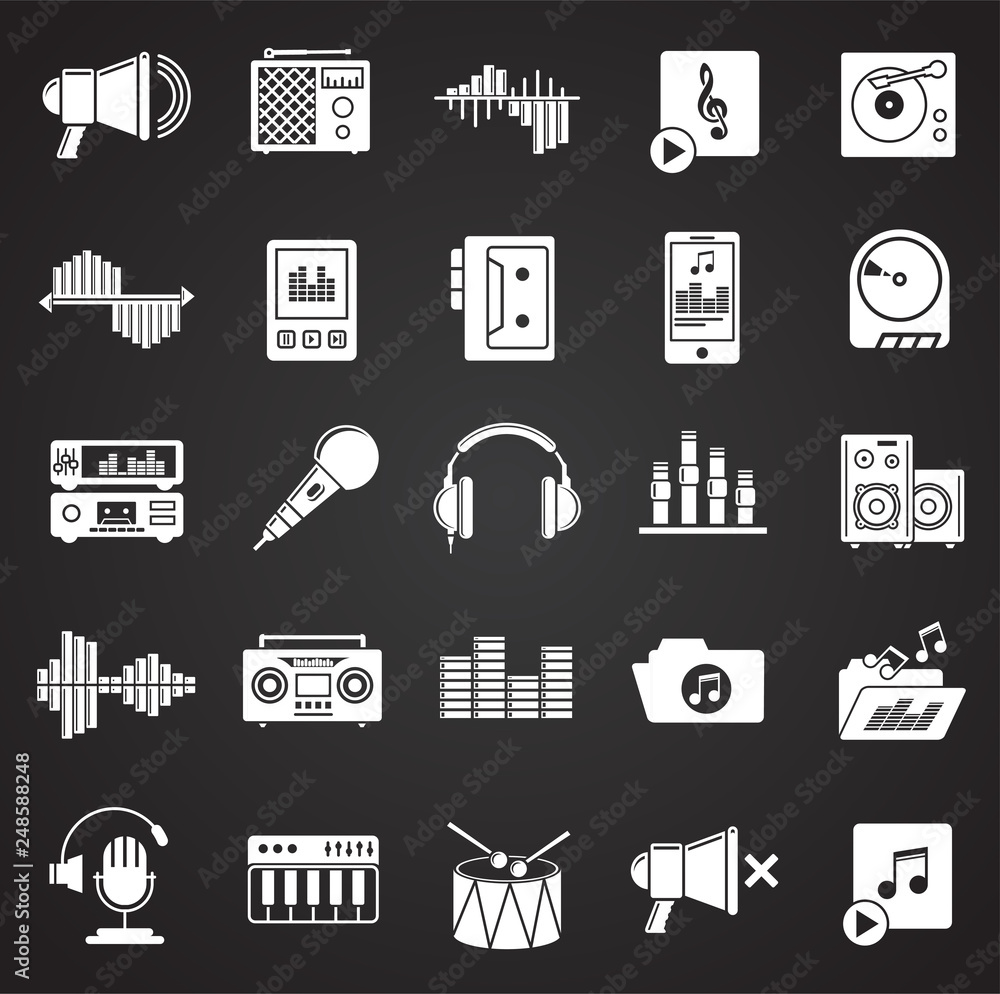 Poster music and sound icons set on black background for graphic and web design, modern simple vector sign.