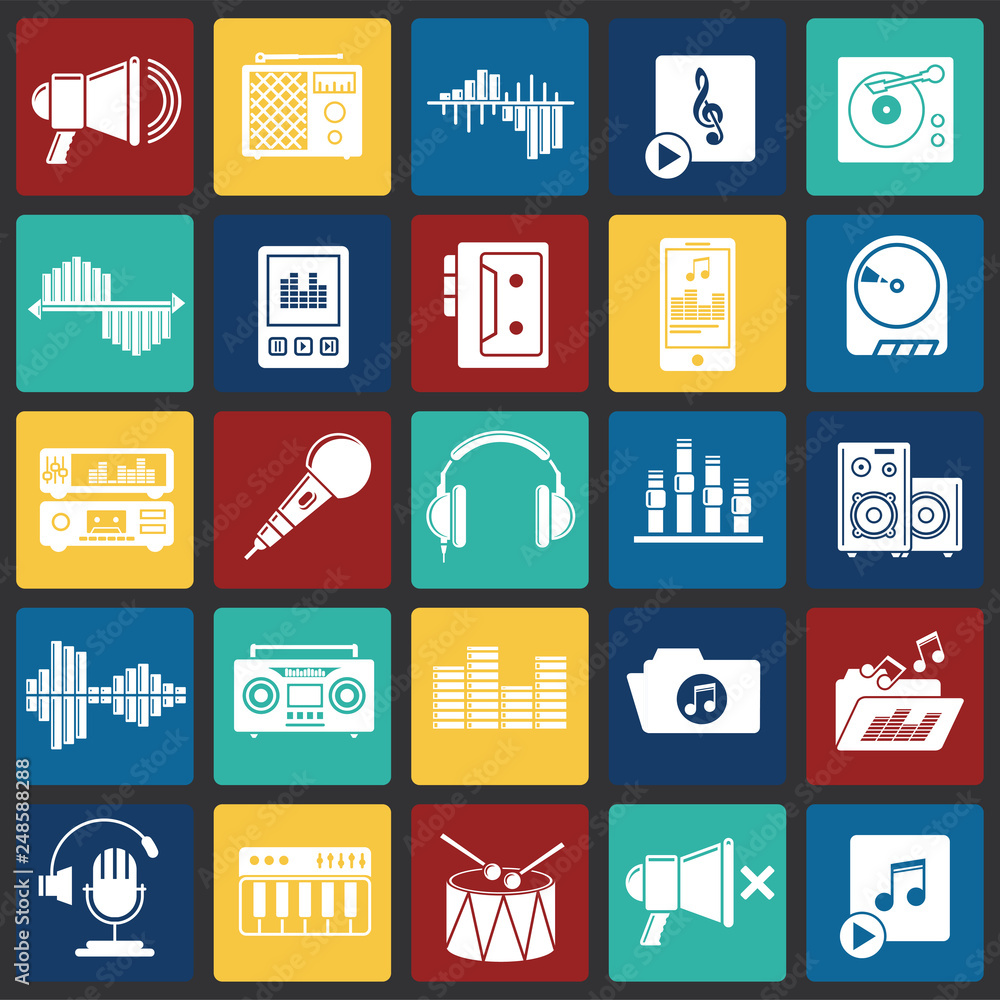 Poster music and sound icons set on color squares background for graphic and web design, modern simple vect