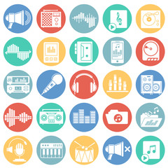 Music and sound icons set on colro circles white background for graphic and web design, Modern simple vector sign. Internet concept. Trendy symbol for website design web button or mobile app