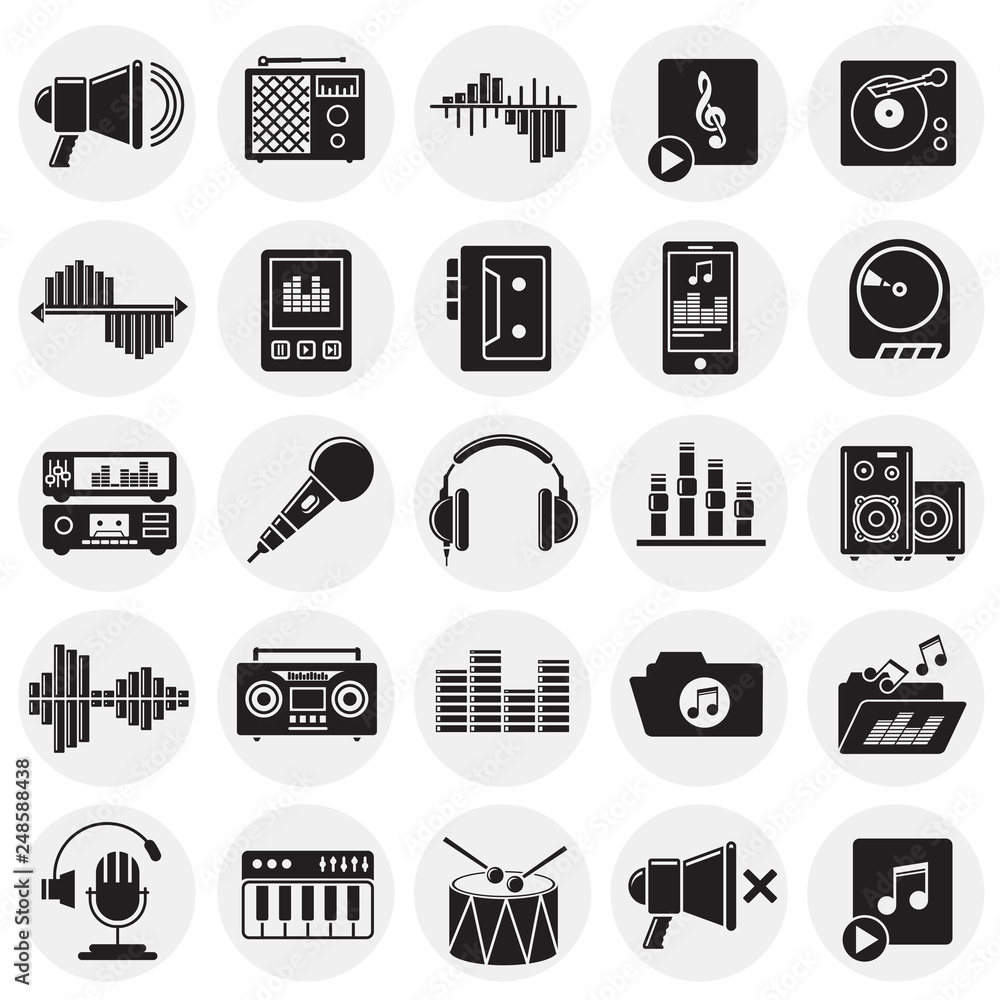 Poster music and sound icons set on circles background for graphic and web design, modern simple vector sig