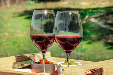 A picnic with two glasses of red wine, with blurred greenery in the background for copy space
