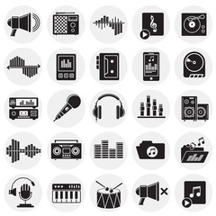 Music and sound icons set on circles background for graphic and web design, Modern simple vector sign. Internet concept. Trendy symbol for website design web button or mobile app