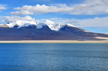 China, Tibet. Clouds above lake Chovo Co (4765 m), located at the foot of the snowy mountains of Koding Kangri (6666 m)