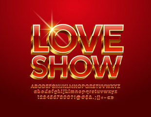 Vector luxury Emblem Love Show. Golden and Red stylish Font. Elegant 3D Alphabet Letters, Numbers and Symbols
