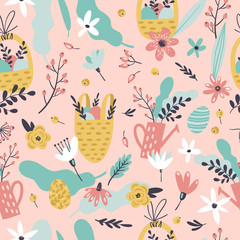 Cute Easter seamless pattern with eggs in basket, flowers, branches, leaves and berries. Endless Spring background.