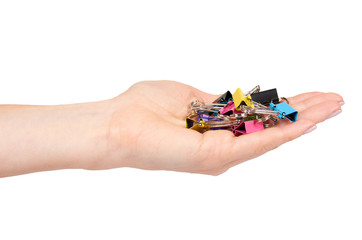 Hand with color paper cilp, office accessory, fastener for notes