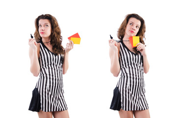 Woman referee with card on white