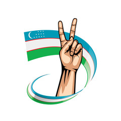 Uzbekistan flag and hand on white background. Vector illustration