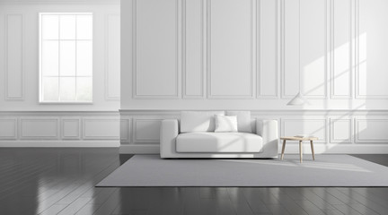 View of white living room in classic style with furniture on dark laminate floor.Perspective of minimal design architecture. 3d rendering.	