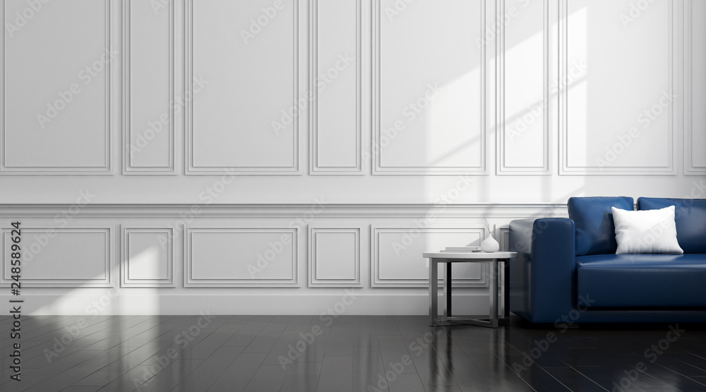 Poster view of white living room in classic style with furniture on dark laminate floor.perspective of mini