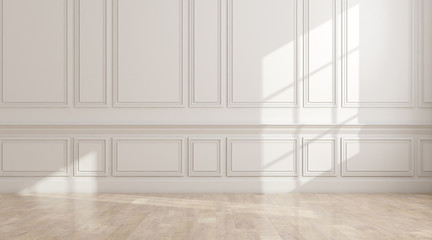 Perspective of the sun light cast the shadow on white empty room and bright laminate wood...