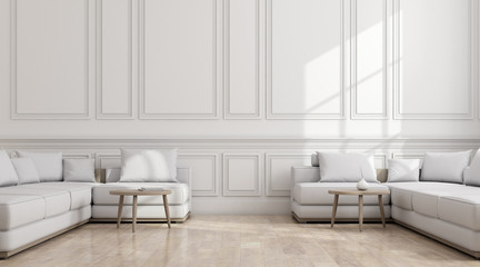 View of white living room in classic style with furniture on bright laminate floor.Perspective of minimal design architecture. 3d rendering.	