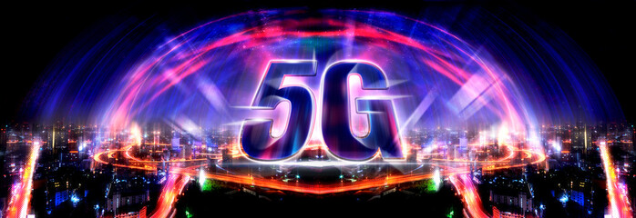 5G technology background and internet of things with modern city skyline, communication network concept.