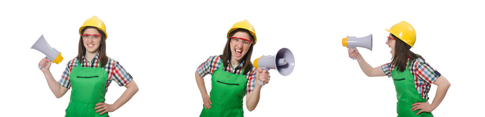 Woman wearing hard hat with loudspeaker