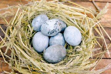 Easter eggs in green nest on wooden table.
