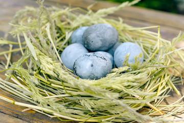 Easter eggs in green nest on wooden table.