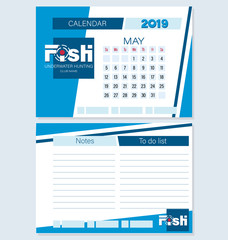 Calendar planner for May 2019. A FISH. Underwater hunting. The week starts on Sunday. Set. Logo, month to make a list, notes. The concept of sports fishing and hunting.