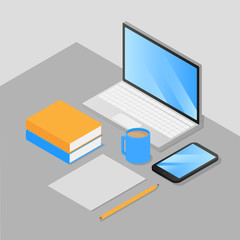 Isometric work place freelancer, gamer and office employee. Laptop and Mobile Phone Isolated. Devises with empty screen. Books, cup of coffee and pencil